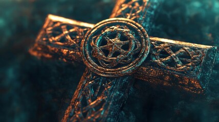 Intricate celtic cross on stone wall. Artificial intelligence image