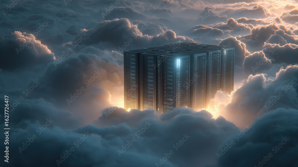 Poster futuristic data center structure emerging from dense clouds, illuminated by glowing light, represent