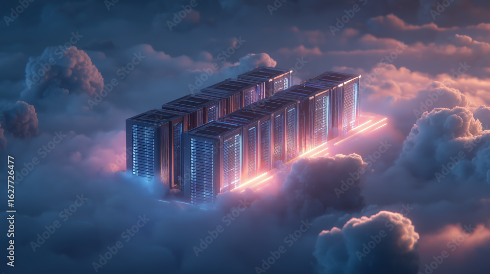 Poster futuristic data center illuminated by vibrant lights, surrounded by fluffy clouds, showcasing advanc