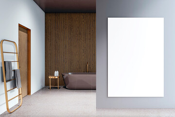 Vertical blank canvas on gray wall in modern luxury bathroom interior with brown bathtub, wooden panel wall and towel ladder stand. 3D Rendering