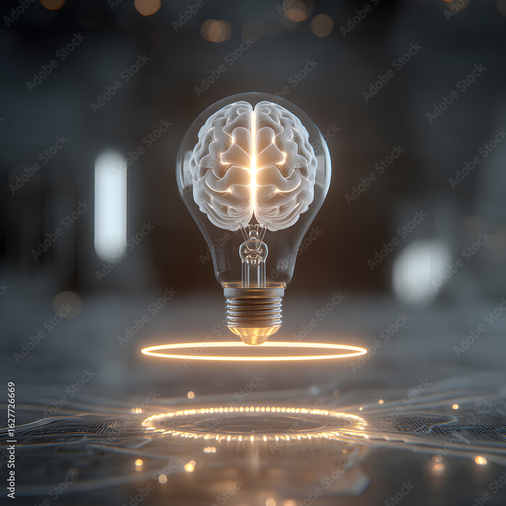 Poster illuminating ideas: a luminous brain-shaped filament within a glowing lightbulb, representing innova