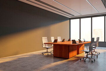 Modern corporate boardroom with sleek wooden table and white chairs in sunlight, high-rise window...