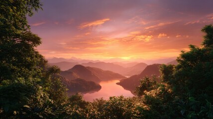 Serene mountain lake at sunrise. Artificial intelligence image