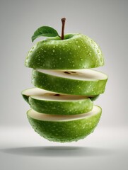 A vibrant green apple, sliced, levitating