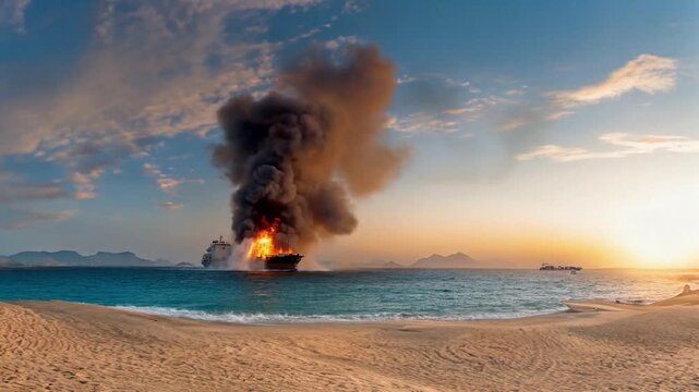 Container ship on fire due to onboard explosion or missile attack.