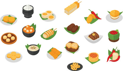 A diverse collection of traditional Asian snacks and desserts, featuring various rice cakes, sweet treats, and savory bites, elegantly arranged on plates, bowls, and banana leaves.