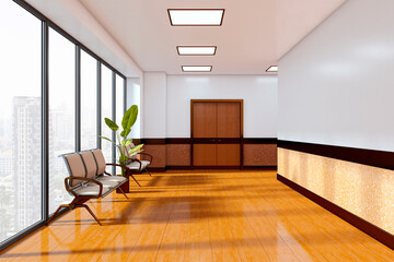 Modern corporate hallway with empty waiting area, large windows, wooden doors, and city view in bright contemporary office building interior. 3D Rendering