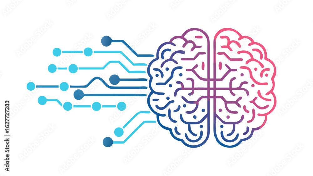 Poster abstract digital brain with glowing circuits and data connections on a black background