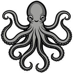 Friendly cartoon octopus with eight wavy tentacles and big eyes on white background