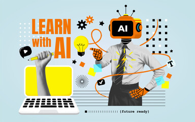 Retro-futuristic collage poster featuring an AI robot symbolizing online education and digital learning. The design includes bold typography, colorful cut-and-paste style elements. Vector
