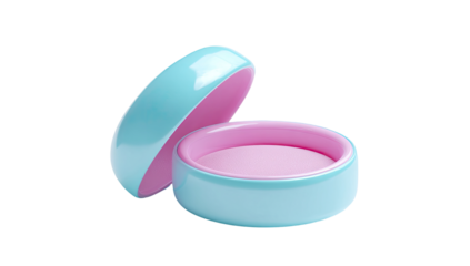 A light-blue cosmetic container, open, with a soft-pink interior