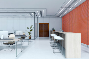 Modern empty office interior with minimalist desk setup, bar island with stools, and red brick wall...