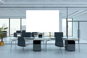 Modern empty corporate office interior with clean workspace and large blank screen banner on glass...
