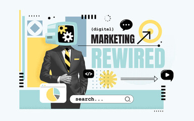 Surreal digital collage showing a retro TV-headed businessman and modern marketing icons. Perfect for tech blogs, digital ads, or startup branding visuals. Vector illustration