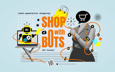 Creative collage illustration showing futuristic online shopping powered by AI bots. Features a robot assistant, shopping cart, money icons, and a retro-style woman pointing to sale elements. Vector