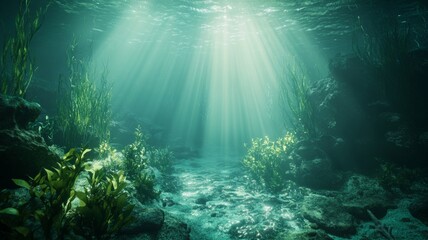 Sunlit coral reef underwater scene. Artificial intelligence image