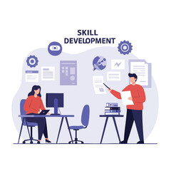 A business coach guides a young professional through skill development with documents and a computer in a modern office setting, emphasizing growth and learning.