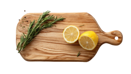 Light-colored wooden cutting board with rosemary and lemon slices