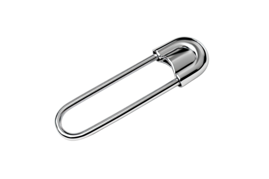 A chrome-colored safety pin, angled, with rounded ends - Powered by Adobe