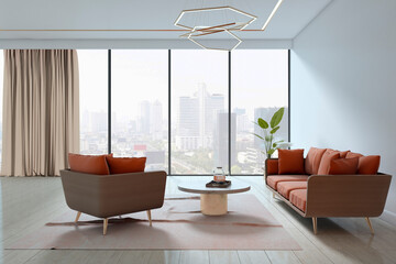 Modern lounge area with stylish seating, panoramic city view through large windows, and elegant...
