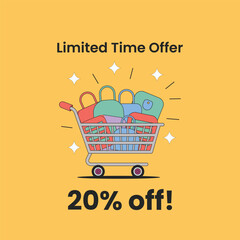 Flat Illustration of Shopping Cart with Bags Wallet, and Boxes 20% Off Discount Banner