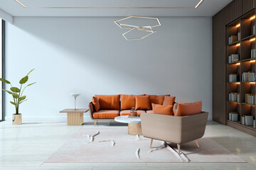 Contemporary lounge area with orange sofa, modern lighting, bookshelves, and indoor plant in spacious, sunlit corporate interior room corner. 3D Rendering