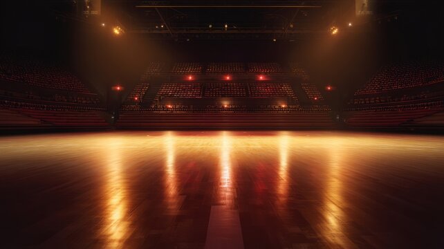 Dimly lit basketball court with hoop focus. Artificial intelligence image