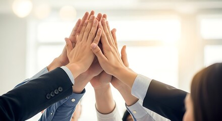 Group Of Hands High Fiving Together For Successful Teamwork Celebration