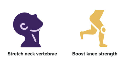 Obraz premium Neck stretch head and running knee icon, representing cervical spine extension and knee joint strength enhancement, used for posture correction and exercise strengthening scenarios.