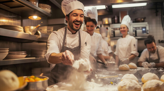 A team bonding over a cooking class, flour fights and smiles in a professional kitchen