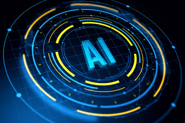 Futuristic digital AI interface with glowing neon blue and yellow circular elements on a dark...