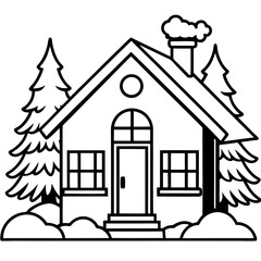 Snow Covered Cottage Outline Vector Minimal Winter Cabin Line Art Illustration