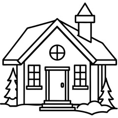Snow Covered Cottage Outline Vector Minimal Winter Cabin Line Art Illustration