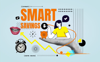 Trendy retro-style collage poster themed around smart savings and financial awareness. The design combines cut-out hands, modern illustration characters, and vibrant vintage elements. Vector