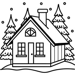 Snow Covered Cottage Outline Vector Minimal Winter Cabin Line Art Illustration