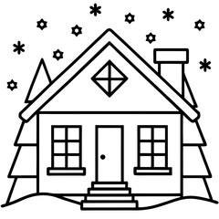 Snow Covered Cottage Outline Vector Minimal Winter Cabin Line Art Illustration
