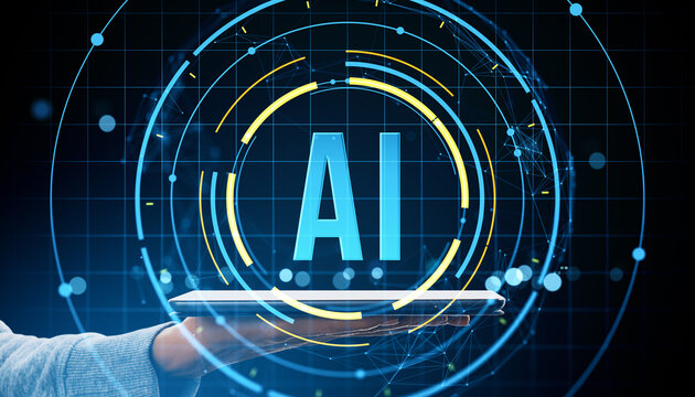 Futuristic digital interface showing AI concept with glowing letters on tablet held by hand against dark grid background and circular tech patterns. - Powered by Adobe