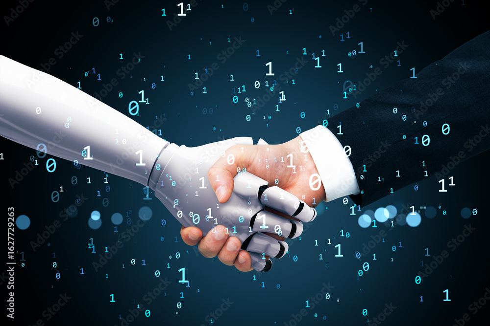 Aufkleber robot and human shaking hands amid binary code on dark digital background, symbolizing futuristic bu