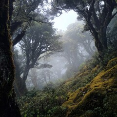 Obraz premium Lush mossy forest with ethereal mist creating a serene atmosphere.