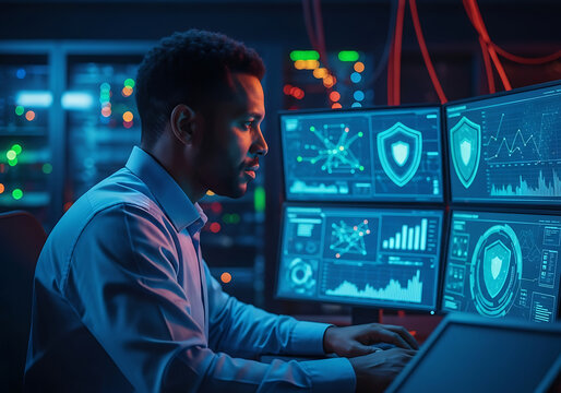Focused cybersecurity analyst monitors complex data on multiple computer screens in a dark control room.