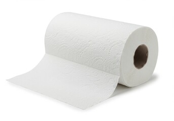 A single roll of white toilet paper with one sheet unrolled on a white background