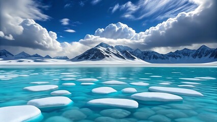 Breathtaking ultra wide angle shot of a partial ice floe on turquoise water with snow capped mountains and dramatic clouds