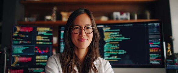The confident programmer in a modern workspace with coding displays