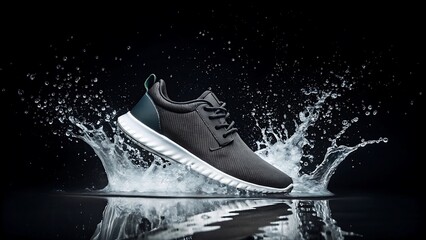 Dark grey athletic shoe splashing through water with droplets against black background sneaker running