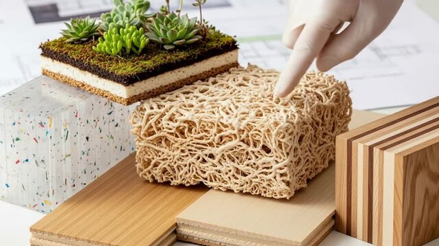 Innovative bio-material exploration with diverse samples, showcasing sustainable design and research.