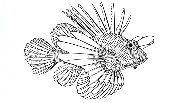 Black and white line drawing of a lionfish