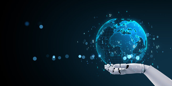 Robotic hand holding digital glowing globe with binary code on dark futuristic background, representing global AI innovation and technology concept. 3D Rendering