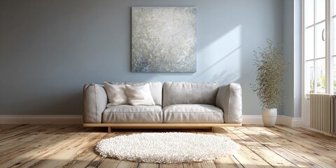 Modernes Wohnzimmersofa mit hellem Grau, weissem Teppich und Tageslicht