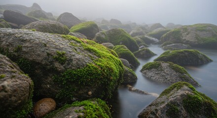 Close Up of Moss Covered Rocks by Calm Water in Fog
