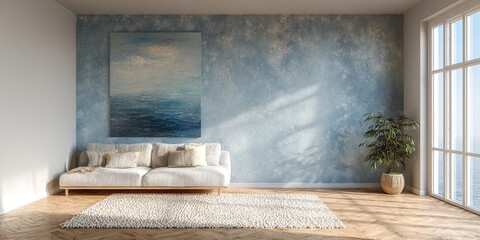 Modernes Wohnzimmer mit hellgrauem Sofa und texturierter Wand